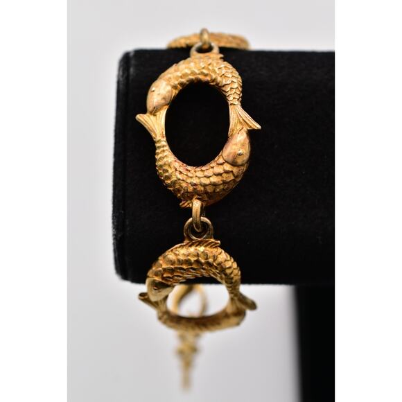 Givenchy Vintage Gold Koi Fish Link Bracelet Chunky Signed Logo Rare 1980s BinBR